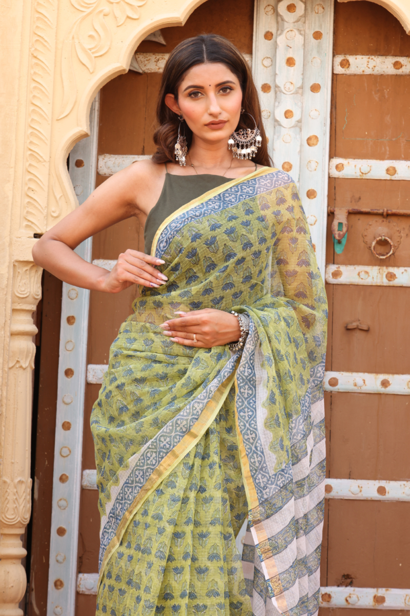 Elegant Olive Green Kota Doria Saree – Lightweight, Sheer & Timelessly Graceful - Image 4