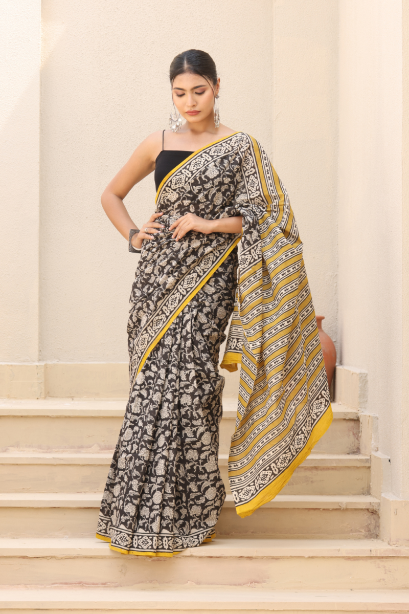 Timeless Black Bagru Print Linen Saree – Handcrafted Elegance & Comfort - Image 2