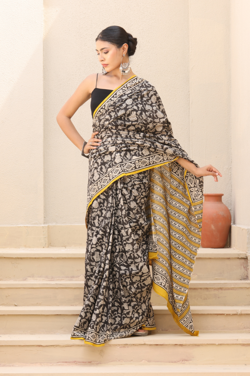 Timeless Black Bagru Print Linen Saree – Handcrafted Elegance & Comfort