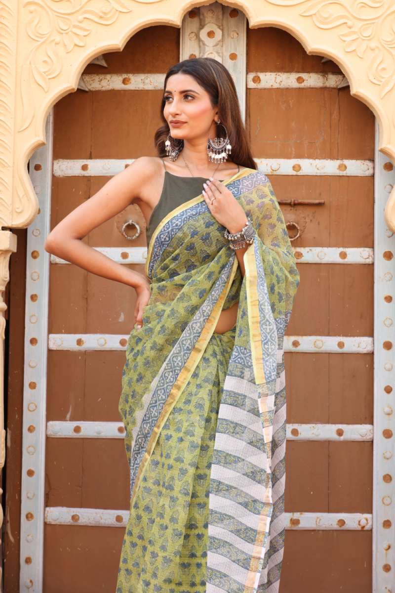 Elegant Olive Green Kota Doria Saree – Lightweight, Sheer & Timelessly Graceful - Image 2