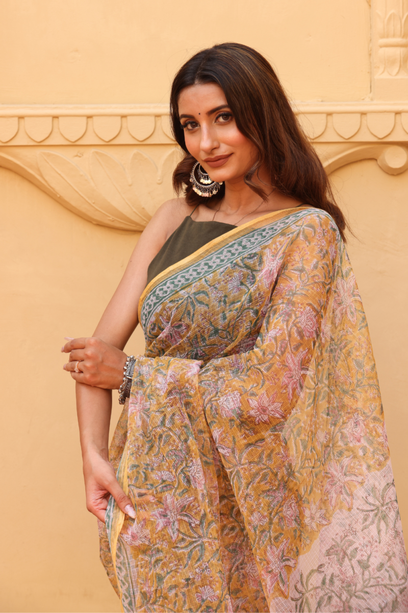 Radiant Golden Yellow Kota Doria Saree – Light, Breezy & Elegantly Traditional - Image 3