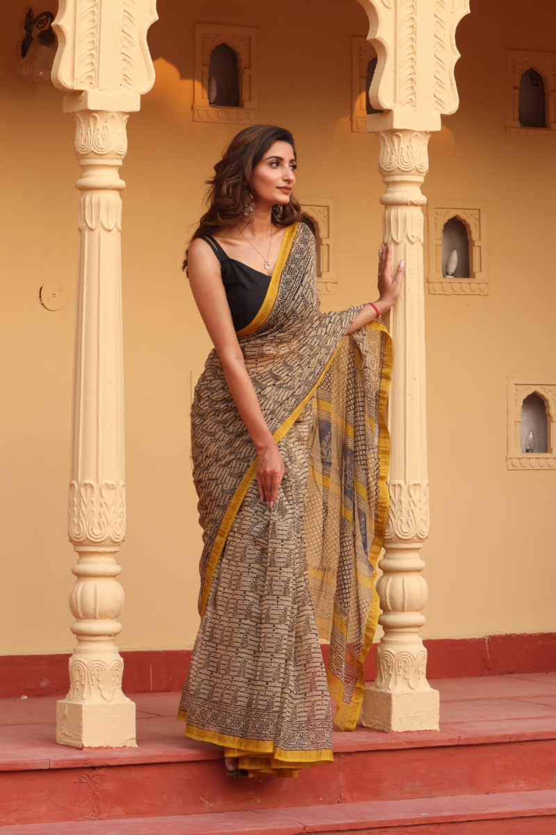 Elegant Soft Black Kota Doria Saree with Yellow Border – Timeless Appeal - Image 5