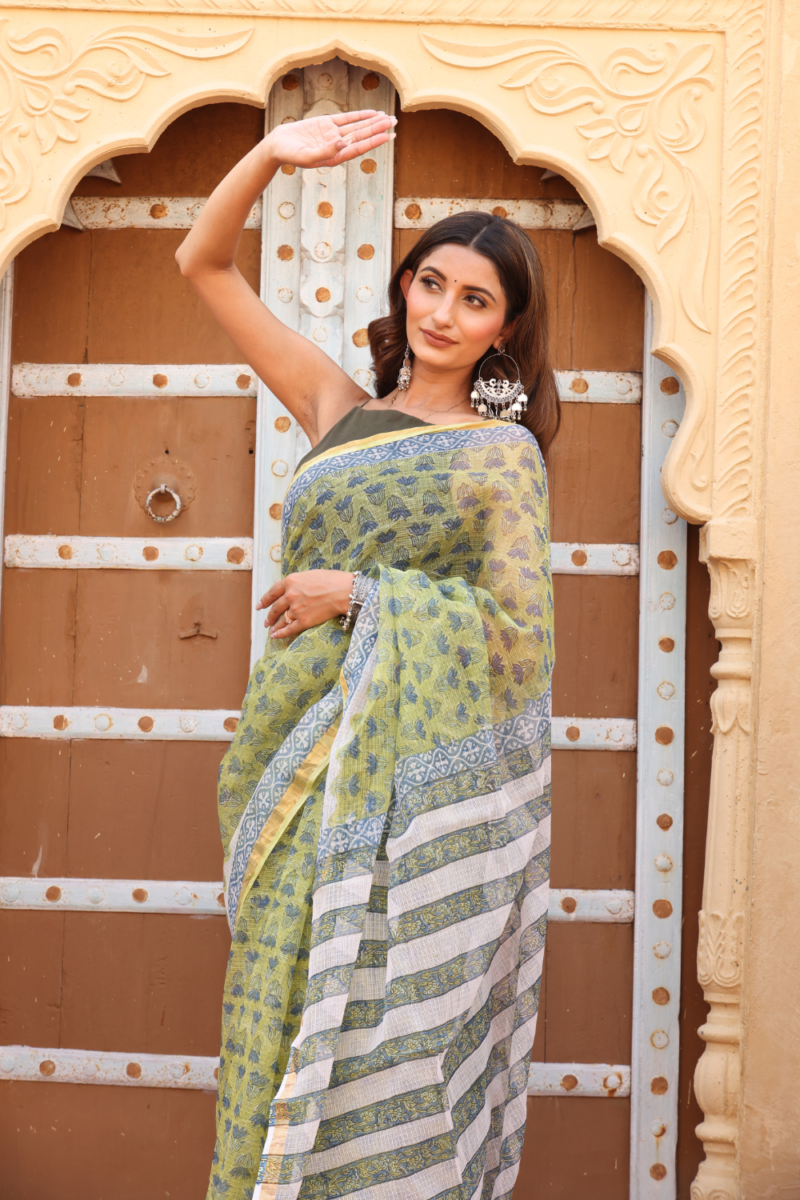 Elegant Olive Green Kota Doria Saree – Lightweight, Sheer & Timelessly Graceful - Image 6