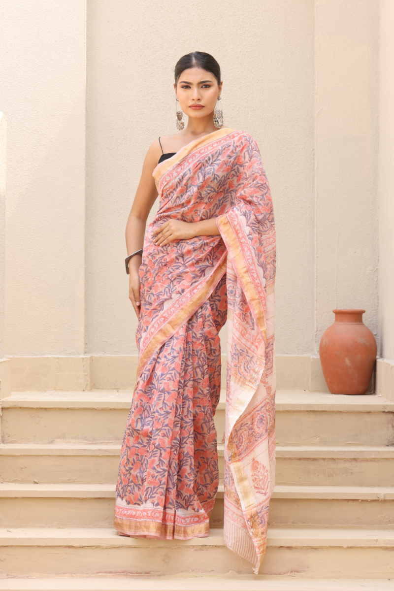Graceful Pink Maheshwari Silk Saree – Elegant & Lightweight Drape - Image 3