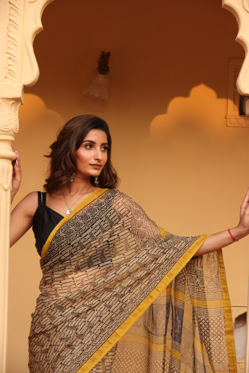 Elegant Soft Black Kota Doria Saree with Yellow Border – Timeless Appeal - Image 6