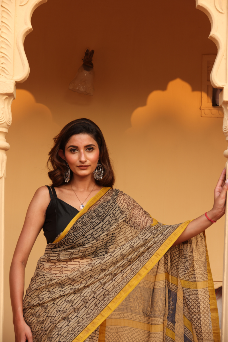 Elegant Soft Black Kota Doria Saree with Yellow Border – Timeless Appeal - Image 7