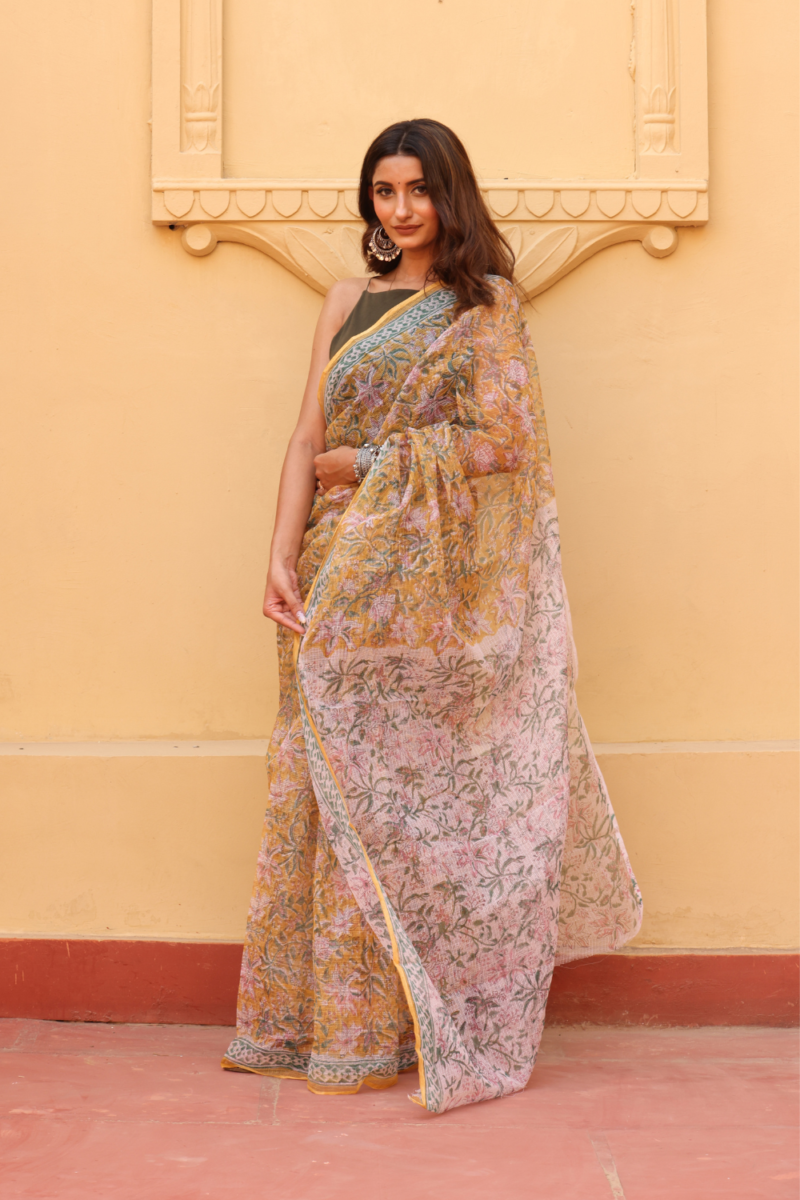Radiant Golden Yellow Kota Doria Saree – Light, Breezy & Elegantly Traditional