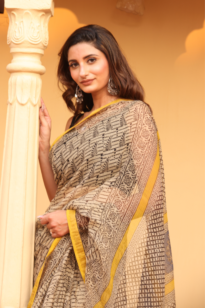 Elegant Soft Black Kota Doria Saree with Yellow Border – Timeless Appeal - Image 9