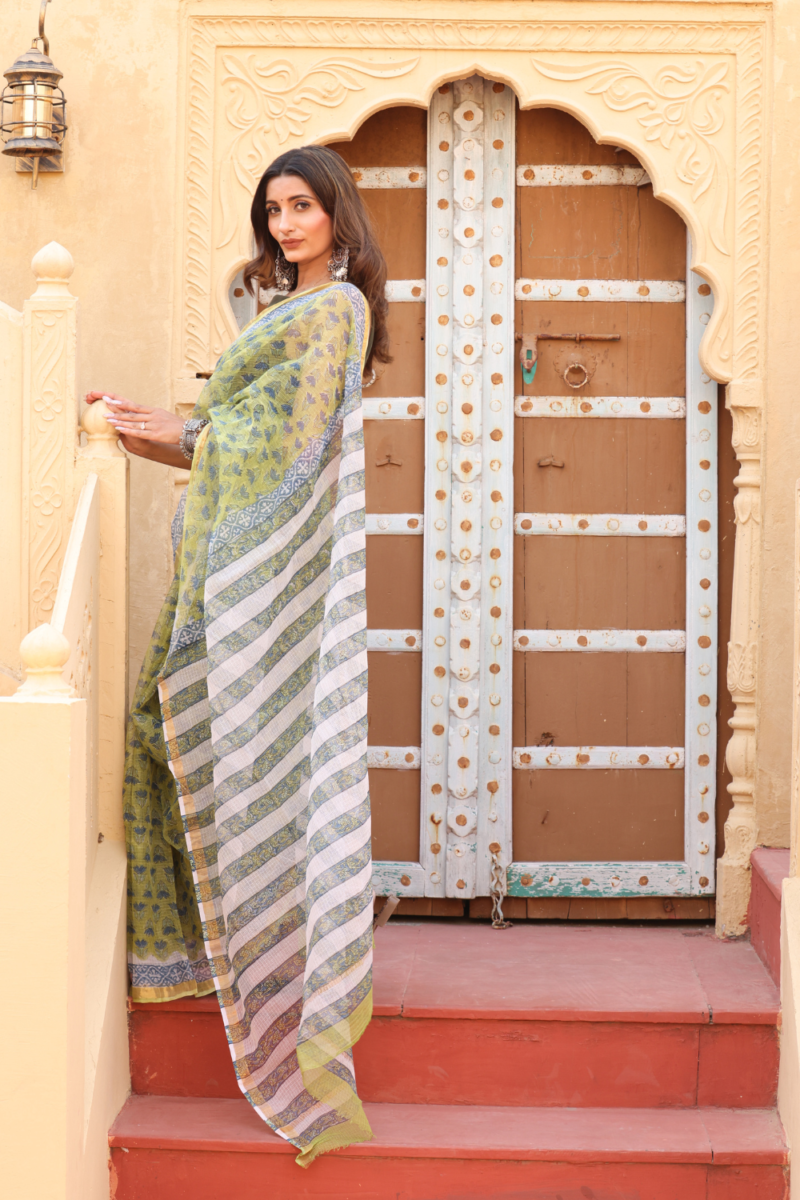 Elegant Olive Green Kota Doria Saree – Lightweight, Sheer & Timelessly Graceful - Image 9