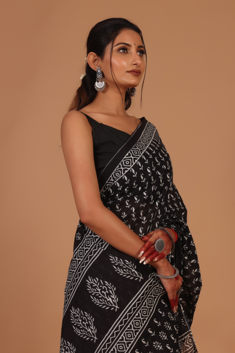 Classic Black Base Saree with White Traditional Prints – Timeless Elegance