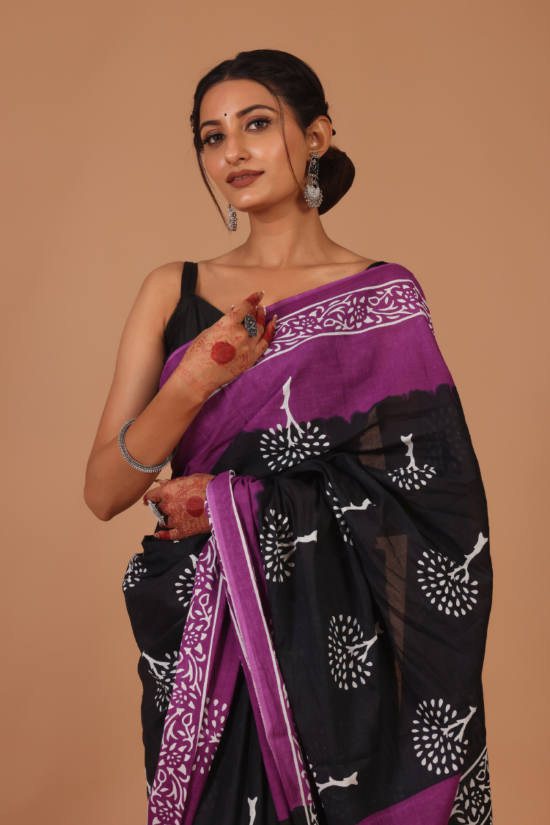 Elegant Black Saree with Rich Purple Border – A Classic Fusion of Timeless Sophistication - Image 2