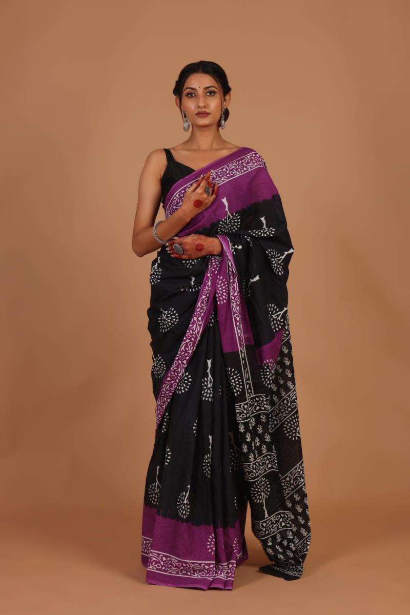 Elegant Black Saree with Rich Purple Border – A Classic Fusion of Timeless Sophistication