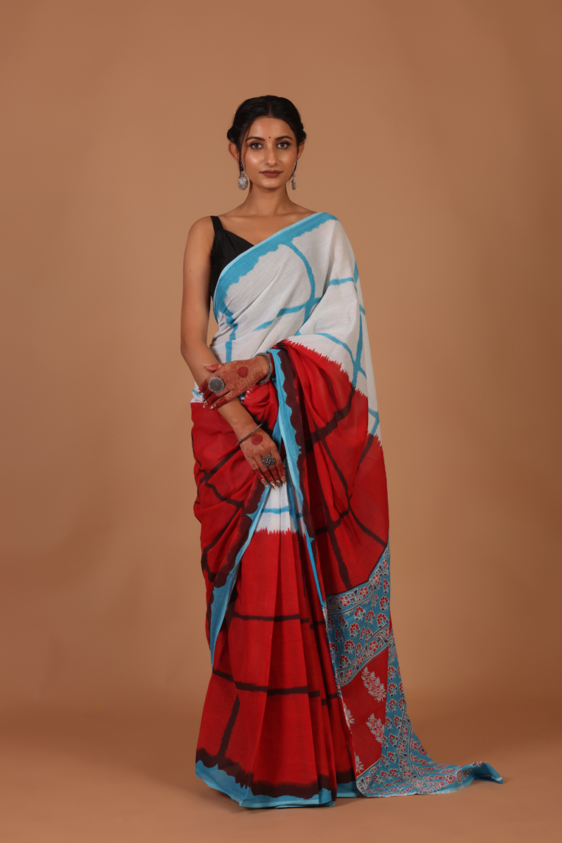 Chic White Base Saree with Blue Square Prints – Modern Elegance with Traditional Charm