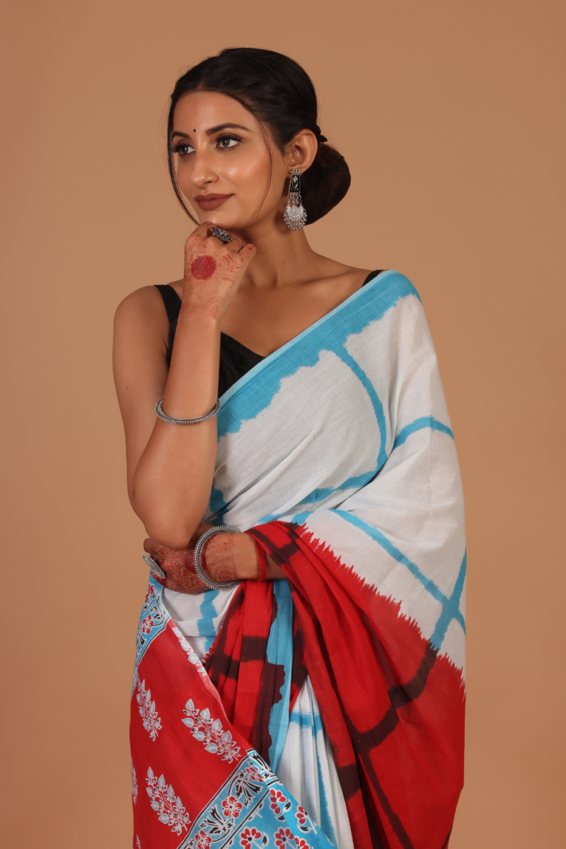 Chic White Base Saree with Blue Square Prints – Modern Elegance with Traditional Charm - Image 2