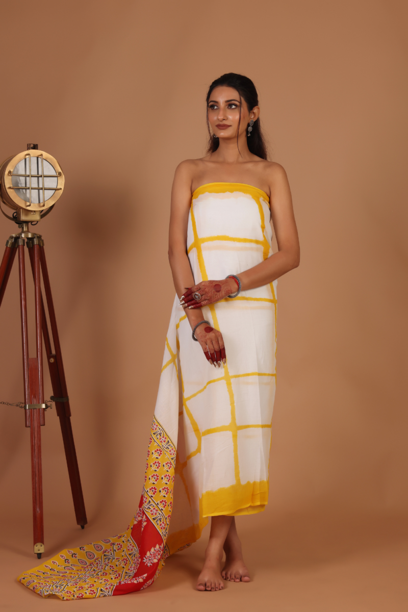 Charming White Base Saree with Yellow Square Pattern – Fresh, Vibrant & Stylish - Image 2