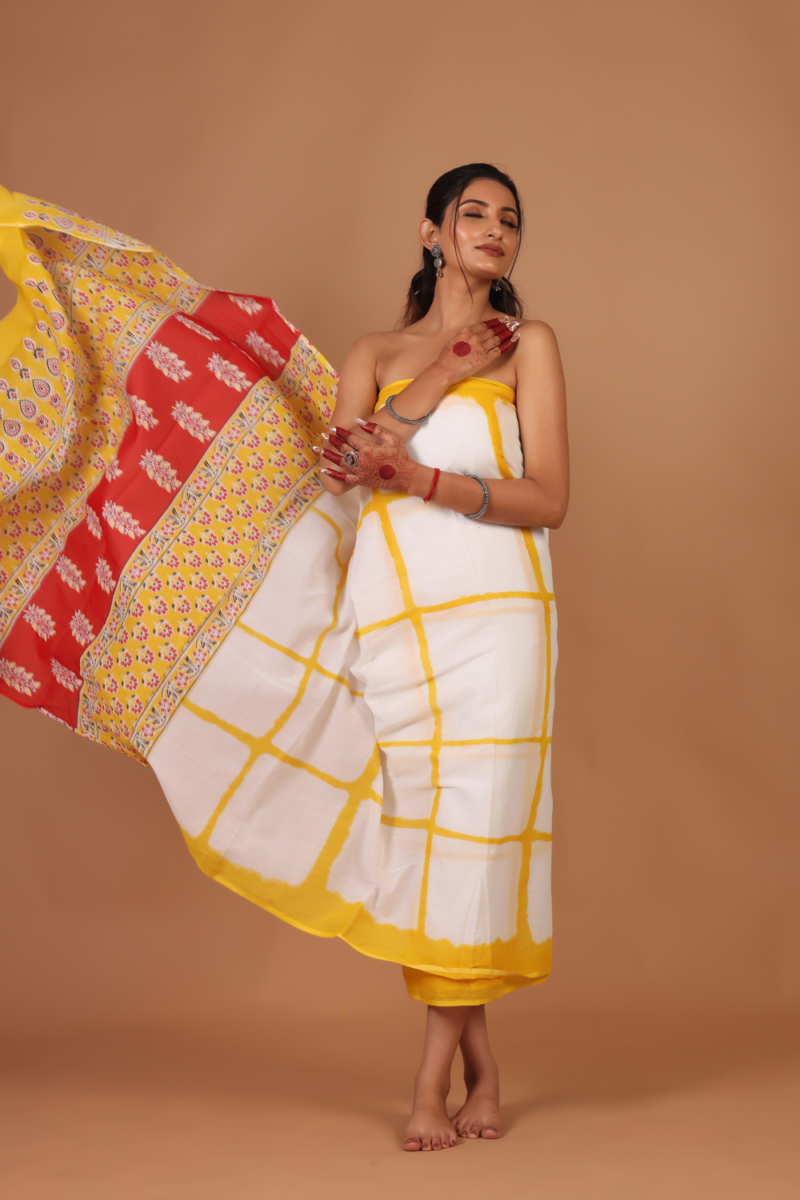 Charming White Base Saree with Yellow Square Pattern – Fresh, Vibrant & Stylish