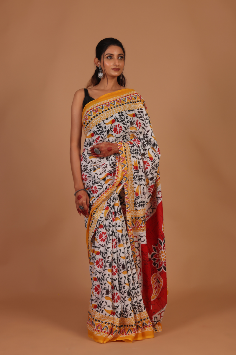 Bright White Base Saree with Multicolor Pattern – Vibrant, Stylish & Contemporary