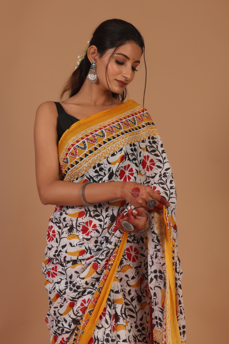 Bright White Base Saree with Multicolor Pattern – Vibrant, Stylish & Contemporary - Image 2