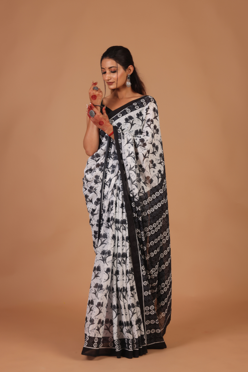 Graceful White Base Saree with Black Floral Pattern – Elegant, Feminine & Stylish