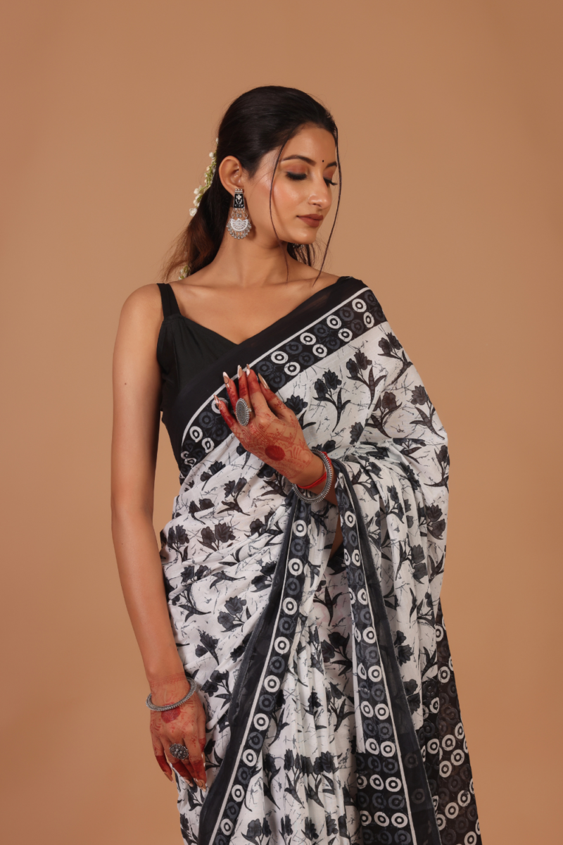 Graceful White Base Saree with Black Floral Pattern – Elegant, Feminine & Stylish - Image 2