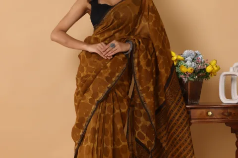 Elegant Mustard Chanderi Silk Ajrakh Print Saree