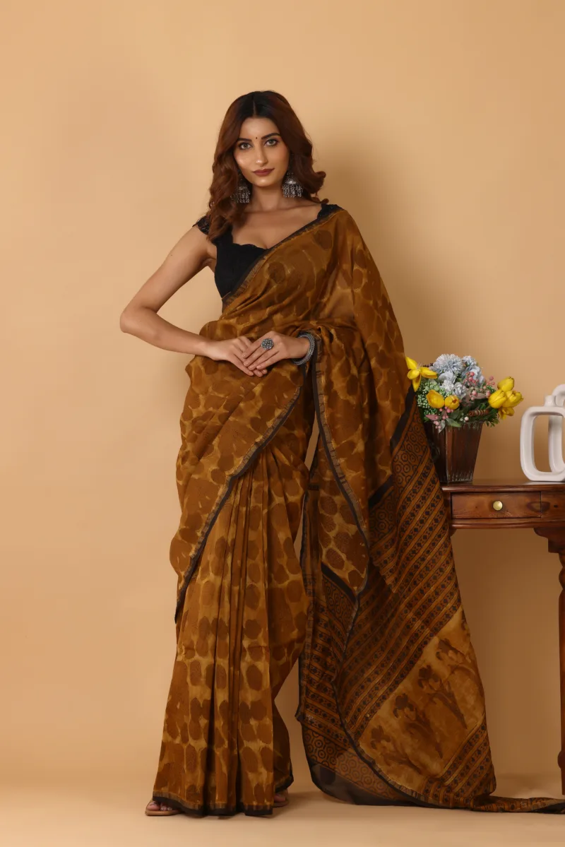 Elegant Mustard Chanderi Silk Ajrakh Print Saree