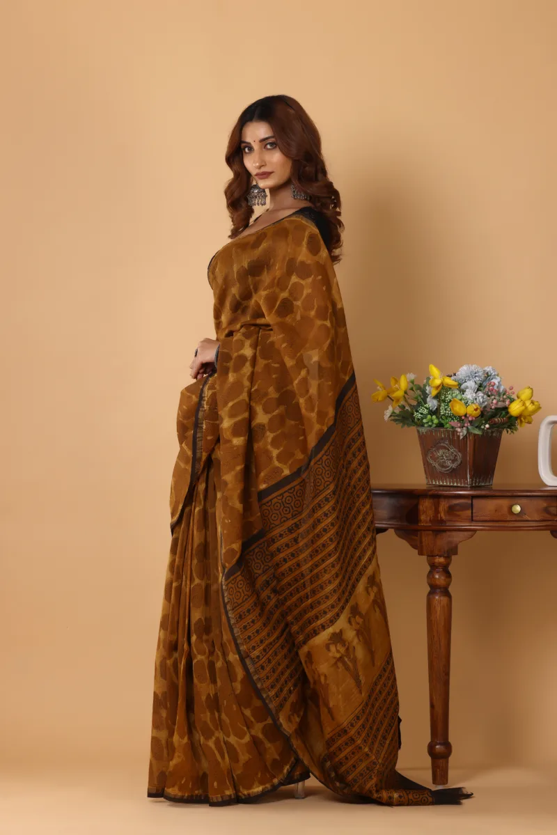 Elegant Mustard Chanderi Silk Ajrakh Print Saree - Image 3