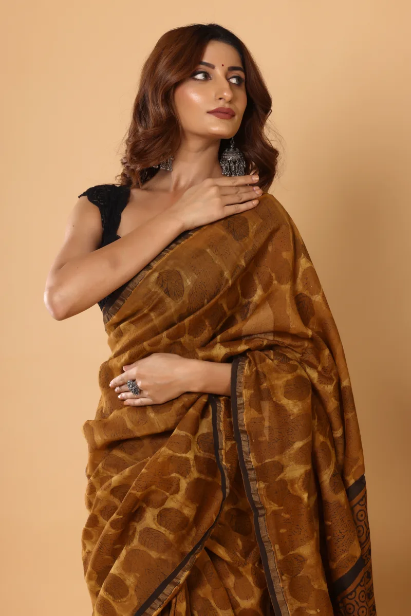 Elegant Mustard Chanderi Silk Ajrakh Print Saree - Image 2
