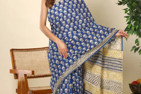 Elegant Blue Handprinted Cotton Saree