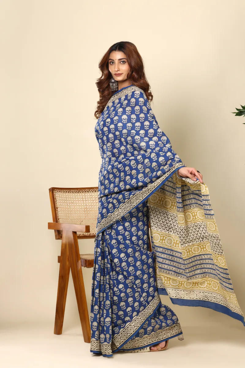 Elegant Blue Handprinted Cotton Saree - Image 2