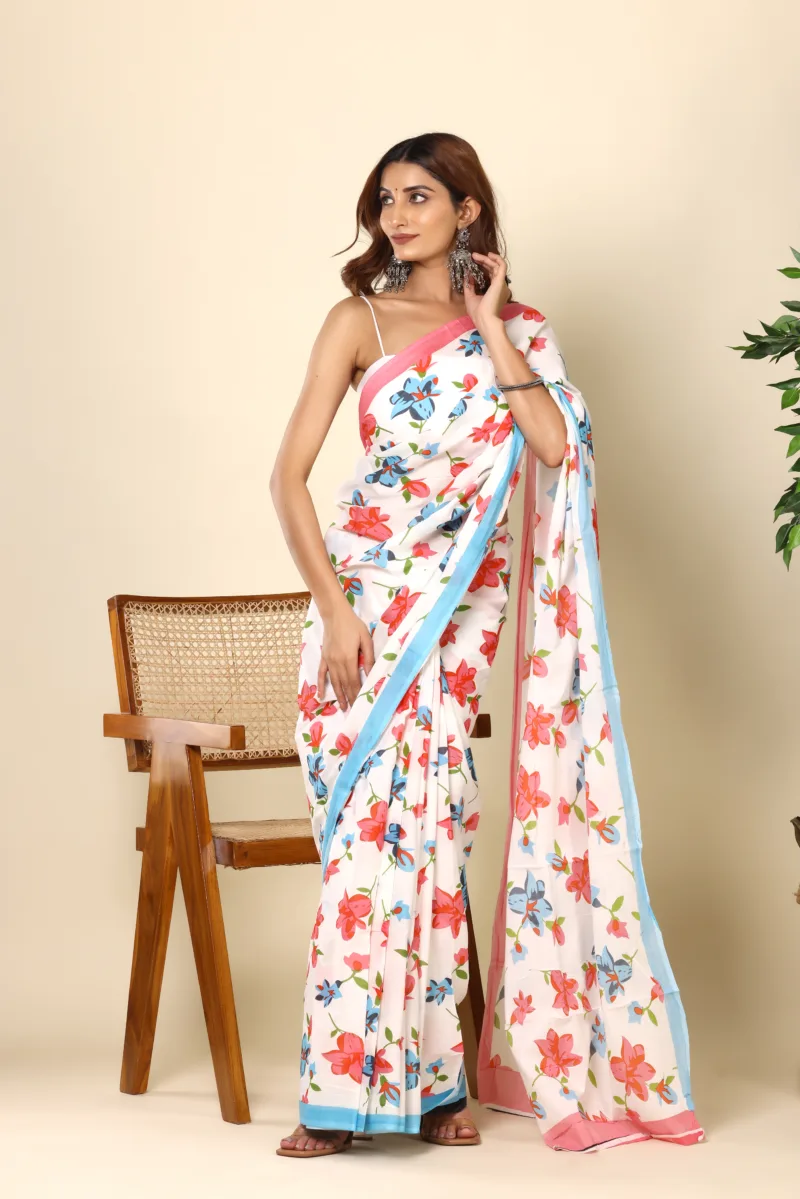 White Floral Printed Lightweight Casual Summer Saree