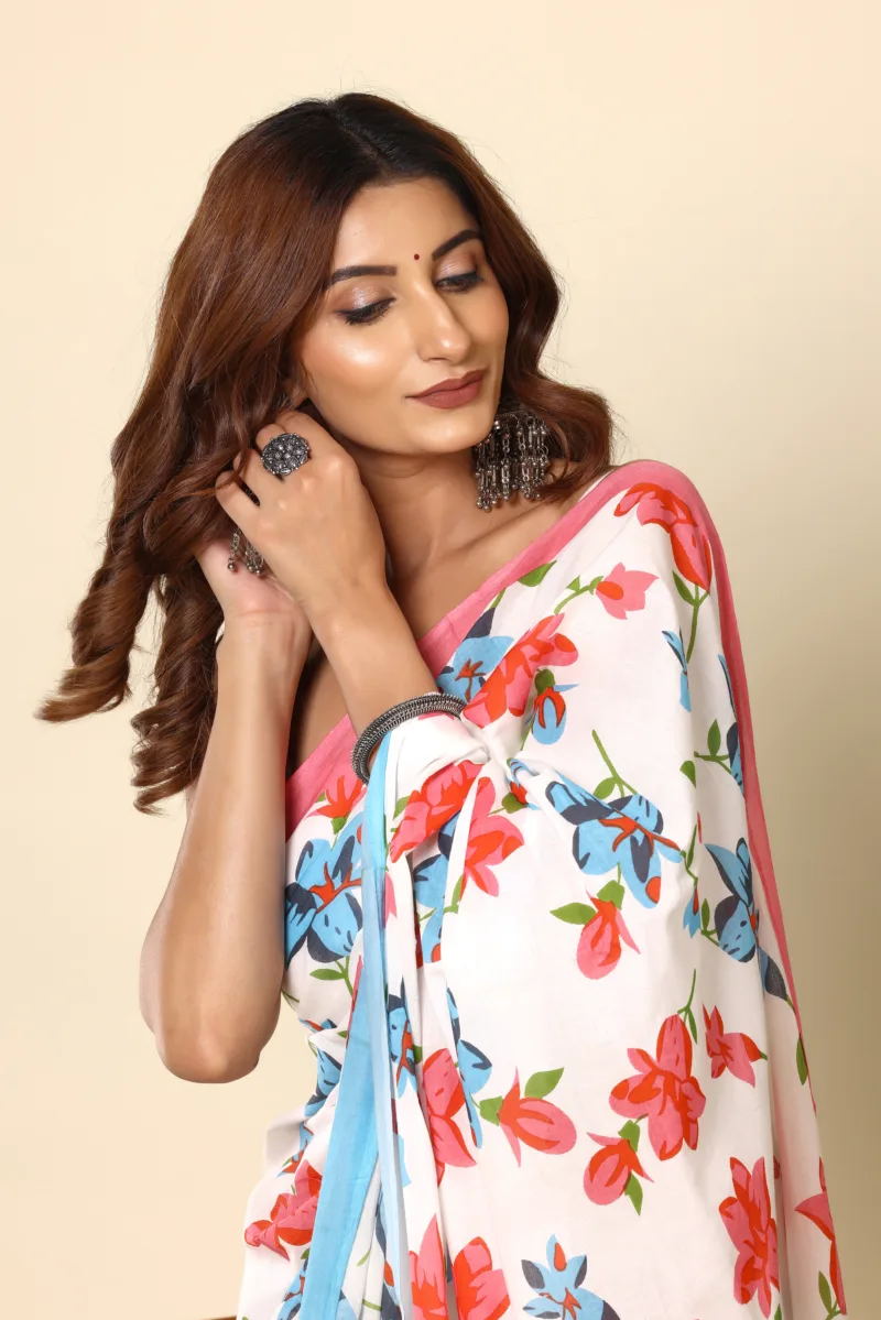 White Floral Printed Lightweight Casual Summer Saree - Image 4