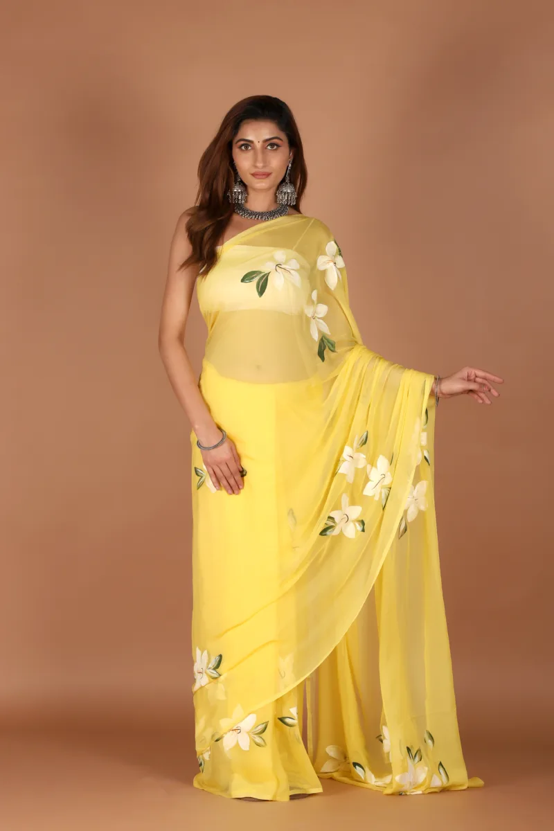 Elegant Yellow Chiffon Saree with Hand Floral Work