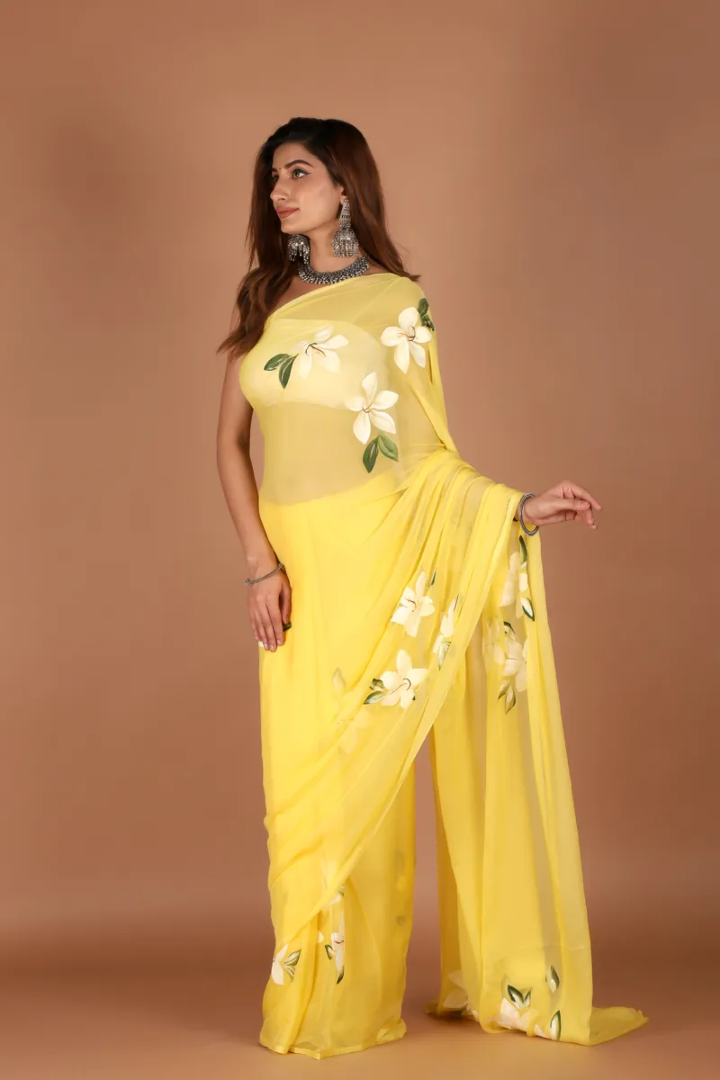Elegant Yellow Chiffon Saree with Hand Floral Work - Image 2