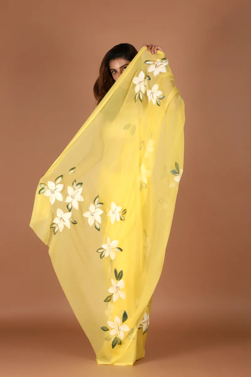 Elegant Yellow Chiffon Saree with Hand Floral Work - Image 3