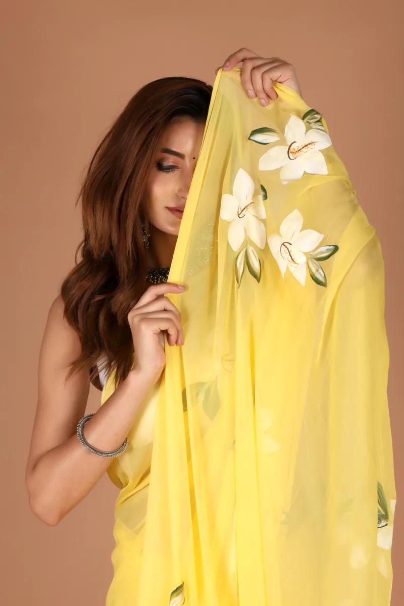 Elegant Yellow Chiffon Saree with Hand Floral Work - Image 4