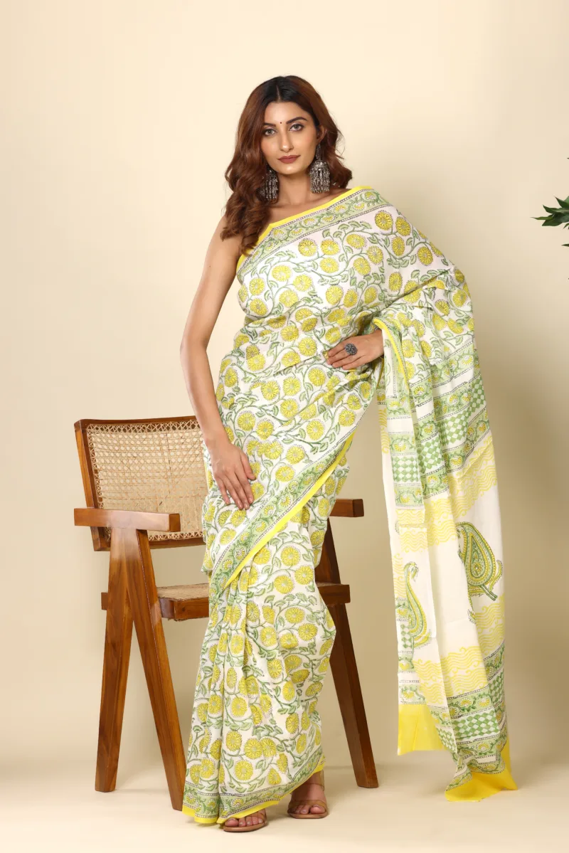 Floral White Yellow Cotton Saree with Paisley Pallu