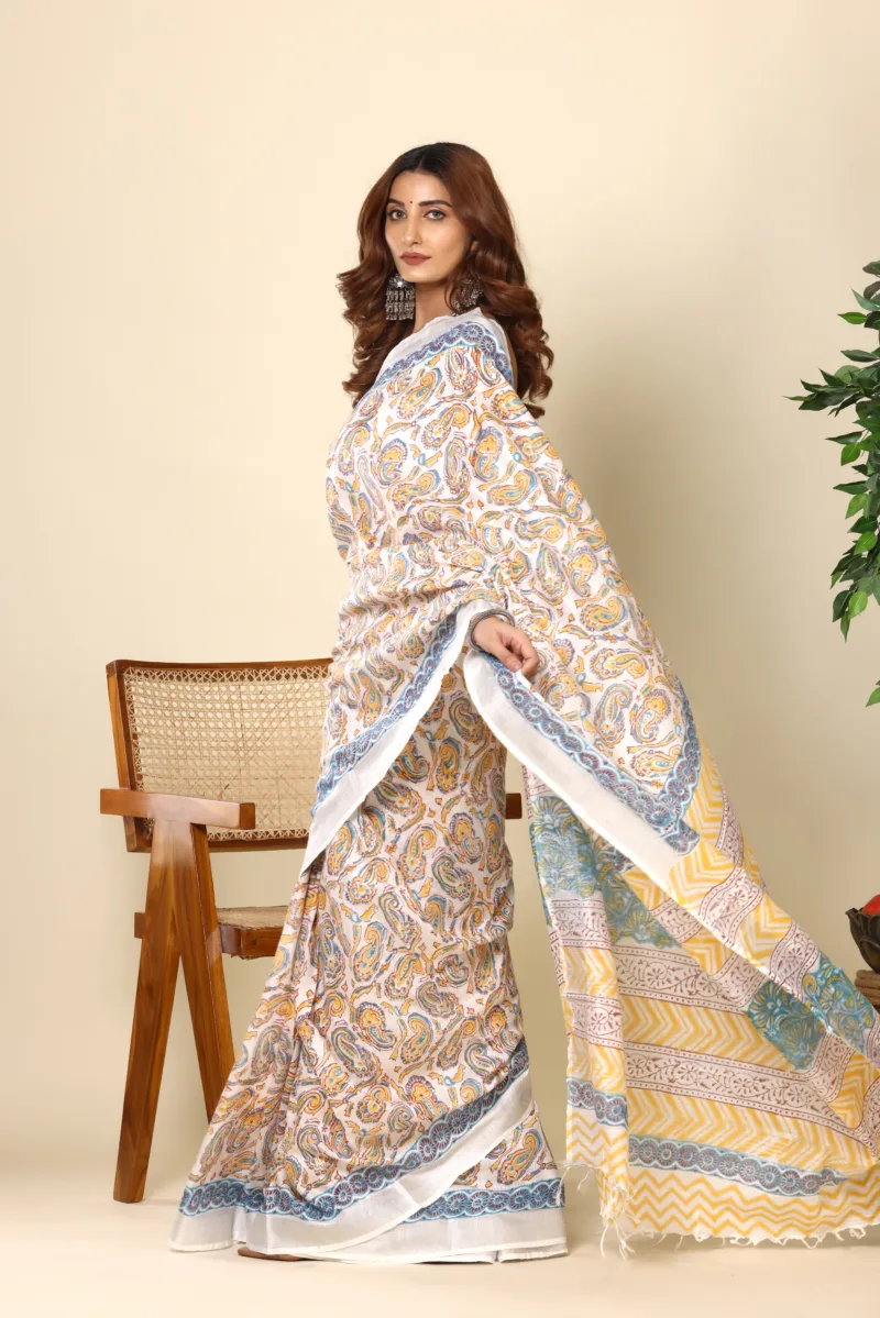 White Cotton Saree with Multicolor Paisley Print - Image 4