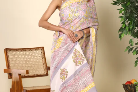 Pastel Pink Cotton Saree with Floral Borders