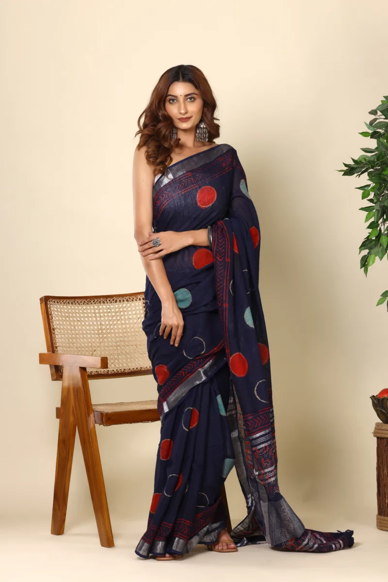 Navy Blue Linen Saree with Bold Polka Design