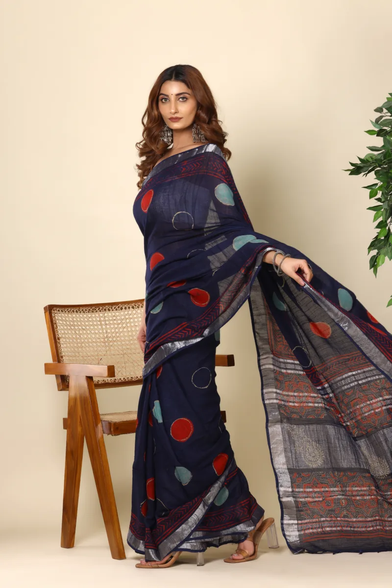 Navy Blue Linen Saree with Bold Polka Design - Image 2