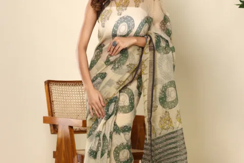 Elegant Beige Green Printed Kota Doria Saree