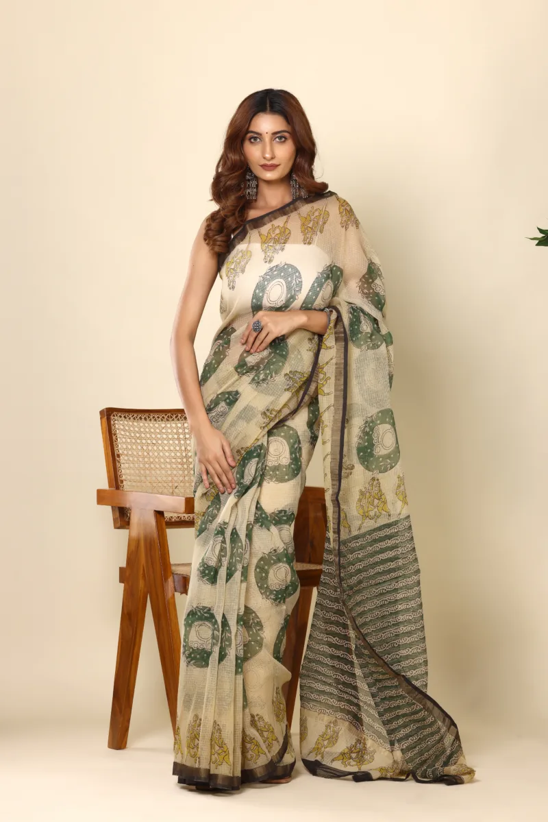 Elegant Beige Green Printed Kota Doria Saree
