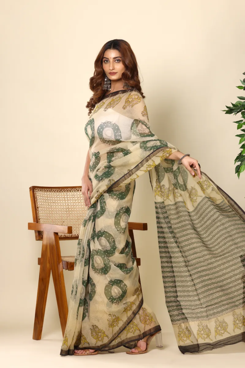 Elegant Beige Green Printed Kota Doria Saree - Image 3