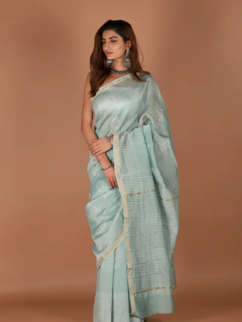 Sea Green Chanderi Silk Saree – Manmohi