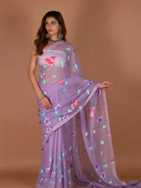 Lavender Kota Doria Saree – Handpainted Elegance