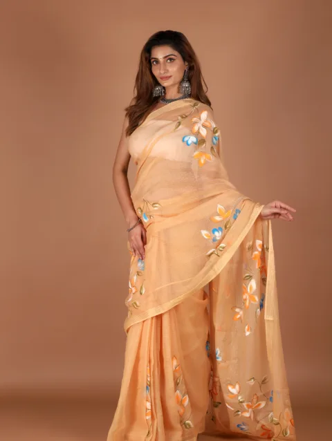 Peach Kota Doria Saree – Handpainted Floral Grace